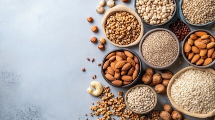 Various nuts and grains in bowls on grey. Illustrates healthy eating and dietary choices.