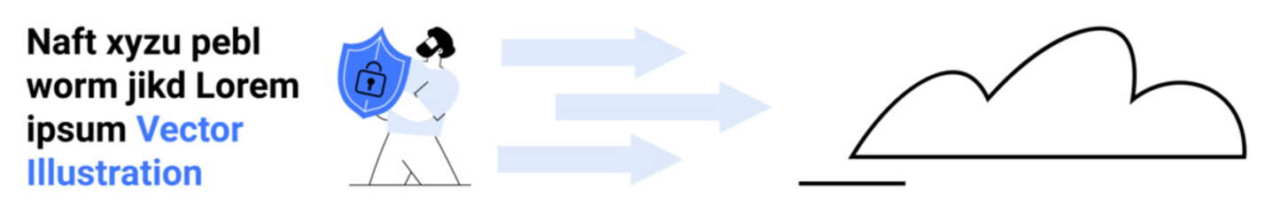 Obraz premium Person holding shield with encryption icon, arrows leading to cloud symbolizing data security and cloud storage. Ideal for data transfer, cybersecurity, encryption, cloud services, technology