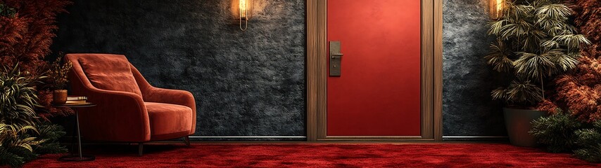 A luxurious interior scene features a red door and a velvet chair