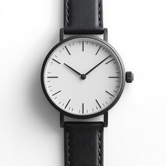 Minimalist black leather watch, studio shot, white background, e-commerce