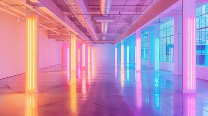 Vibrant Neon Lights in an Industrial Space with Reflective Floor Modern Interior Design Futur