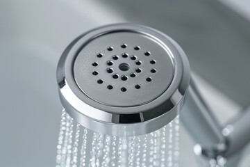 Close-up view of a modern showerhead with water cascading down in a bathroom setting
