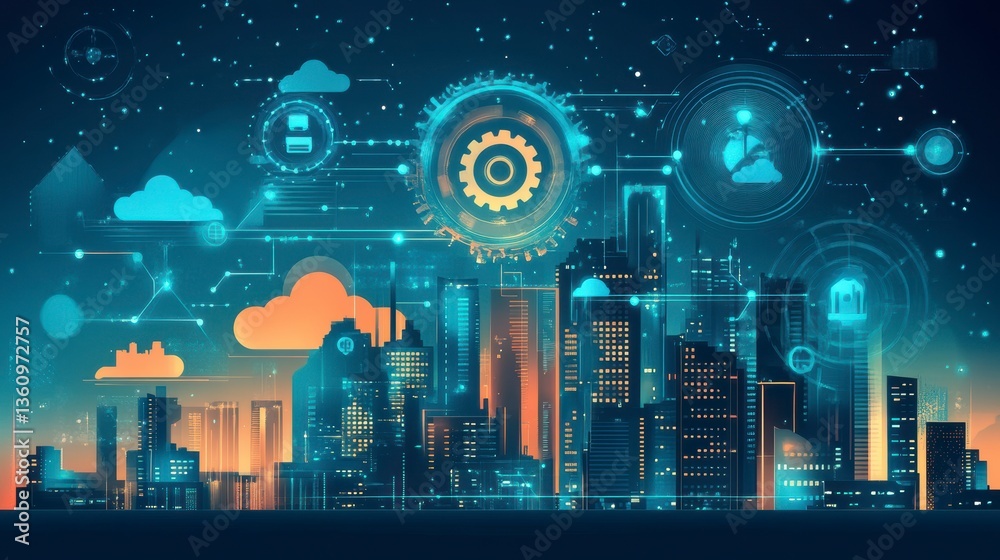 Poster futuristic cityscape with digital overlays showing technology, data, and connectivity.
