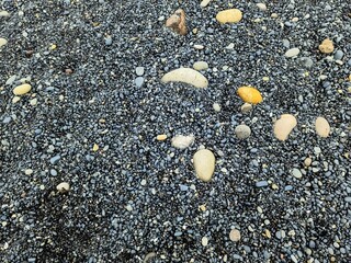 Black sand beach in Iceland featuring colorful pebbles