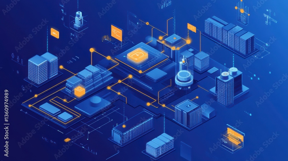 Poster Isometric illustration of a complex network of interconnected data centers and servers.
