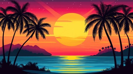 Vibrant sunset over tropical beach with palm trees. (2)
