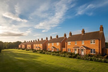 A new British estate featuring classic red-brick houses under a bright blue sky. A perfect blend of tradition and modern real estate development in the UK.