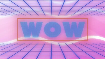 Animation of retro WOW text in bold blue over pink grid background - Powered by Adobe