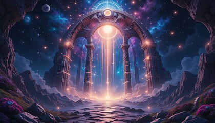 Exploring Gateway Archway to Celestial Realm with Stars and Mountain Landscape