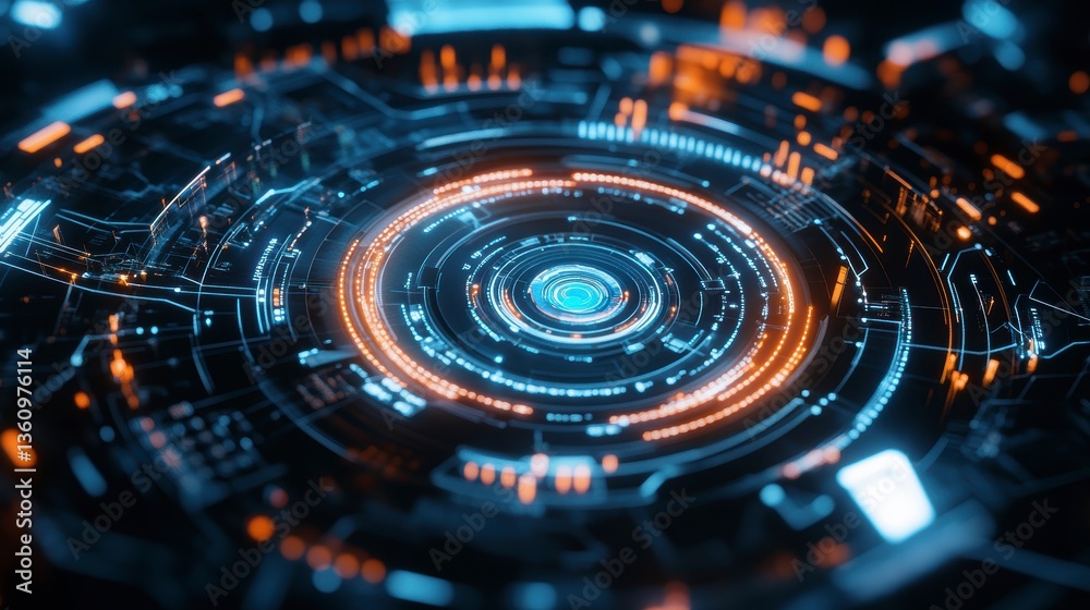 Poster abstract glowing circular technology interface with orange and blue lights.