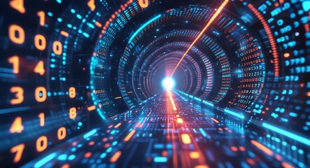 Digital Data Highway: A futuristic tunnel pulsates with vibrant data streams and binary code, symbolizing the flow of information and technological advancement.