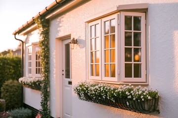 A charming UK house featuring a wooden casement window set against a white rendered wall. A blend of traditional and modern architectural details