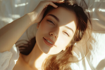 Fototapeta premium Beautiful Woman Waking Up and Stretching in Bed: A Refreshing Morning Moment with Warm Sunlight Streaming Through the Window, Capturing Serenity, Comfort, and a Positive Start to the Day
