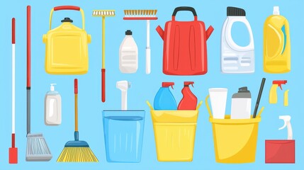 Assortment of colorful cleaning equipment and supplies including bucket mops brushes sprays detergents sponges gloves and brooms for a tidy and organized home