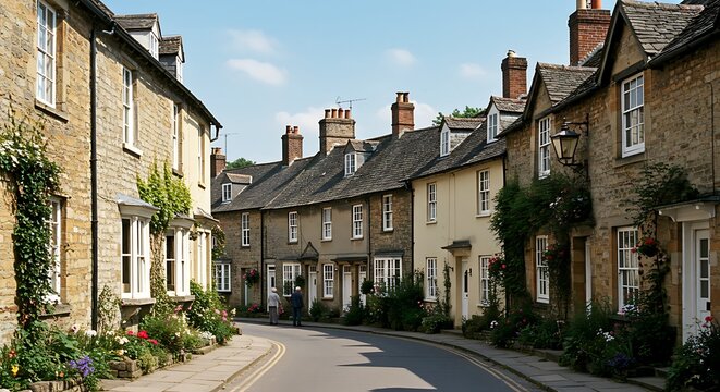 Charming stone terraced cottages on a quiet street in a typical English town, showcasing classic British architecture and timeless village charm.