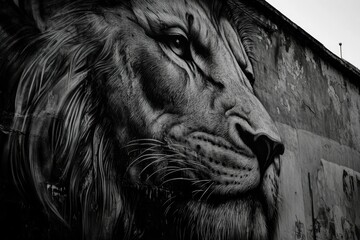 Detailed Lion Head Wall Art Mural Black and White Portrait