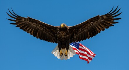 Obraz premium Eagle and American Flag in Sky