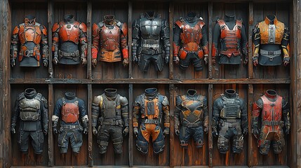 Display of Futuristic Armor in Wooden Shelving
