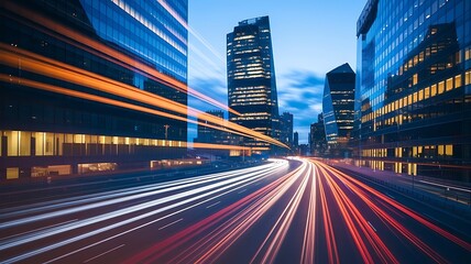 Fototapeta premium A dynamic long-exposure shot of London’s bustling streets, capturing streaks of motion from traffic with modern office skyscrapers in the background.