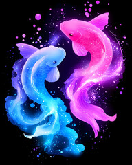 Two glowing koi fish in a vibrant design.  Possible use for apparel or digital art