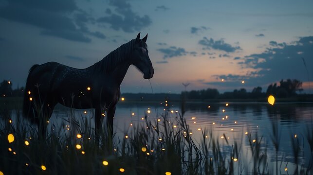 Romantic evening shot of dappled Akhal Teke standing near calm lake flawless silhouette reflecting water firefly dance around serene expression graceful stance create magical timeless equine portrait