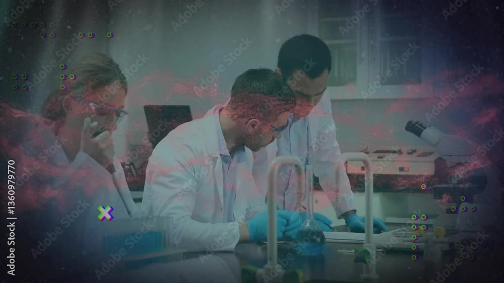 Poster scientists in lab coats conducting experiments with colorful data animation overlay