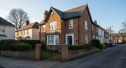 Obraz premium A stylish house with a gated driveway on a quiet street in an English city, showcasing elegant architecture and a secure, upscale residential setting.