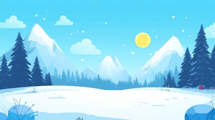 Snowy mountain landscape with pine trees under a bright sun.