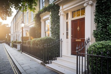 A charming London house with a classic brick exterior, a stylish front door, and a lush garden, embodying traditional British architecture.
