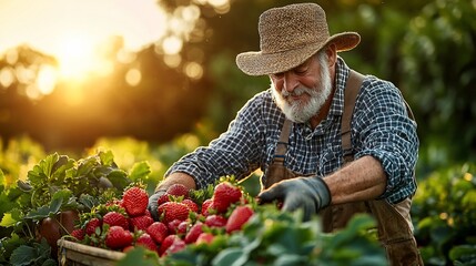 Elderly Farmer Picking Strawberries at Sunset