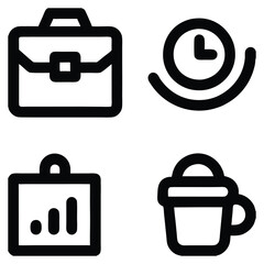 Obraz premium Modern Business Office Icons Set – Briefcase, Clock, Chart, Coffee Cup for Web & App Design Projects
