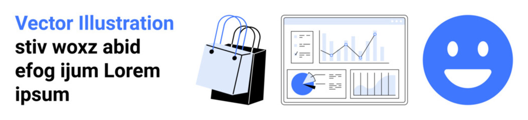 Shopping bags, data charts with graphs, and a smiling emotion. Ideal for e-commerce, retail analysis, customer satisfaction, online shopping, business trends, marketing strategies flat landing page