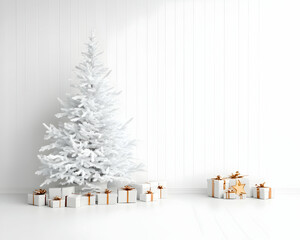 White Christmas tree with gifts, wood panel wall