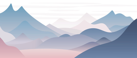 Minimalistic mountain landscape, morning light, vector illustration, abstract stylization