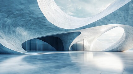 Modern architectural design showcasing curved concrete structures with large windows and a sleek floor