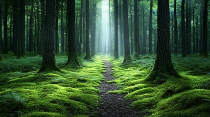Fototapeta premium Sunbeams illuminate a mossy path through a dense forest.
