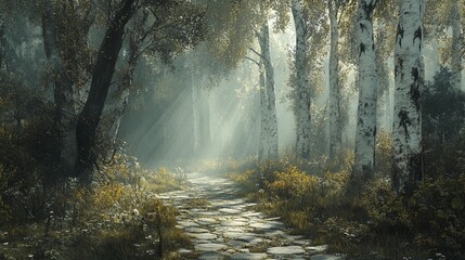 Fototapeta premium Sunbeams illuminate a misty path through a birch forest.