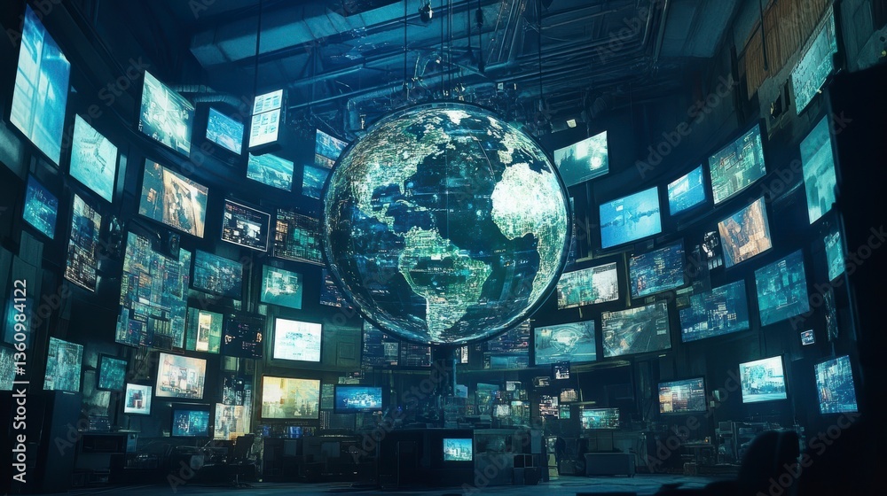 Aufkleber Global network data visualization; Earth globe surrounded by numerous screens displaying diverse information.