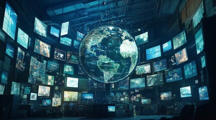 Global network data visualization; Earth globe surrounded by numerous screens displaying diverse information.