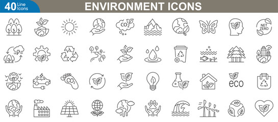 Environment icons set. Vector illustration representing sustainability, renewable energy, nature conservation, climate change, eco awareness, green technology, waste management, and more.