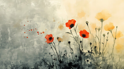 Obraz premium Poppy's Dance: Artistic interpretation of vibrant poppies against a serene, textured backdrop evoking the delicate dance of nature.