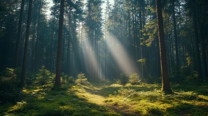 Fototapeta premium Sunbeams pierce through misty forest, illuminating path among tall trees and lush green groundcover.