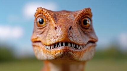 Fototapeta premium Close-up of a baby dinosaur's face. A young, adorable reptile with large eyes and a slightly open mouth