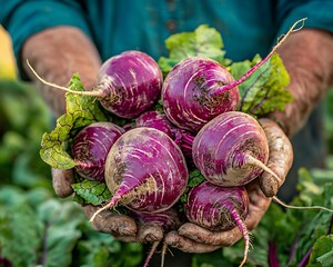 Farmer Holds Purple Beets in Field