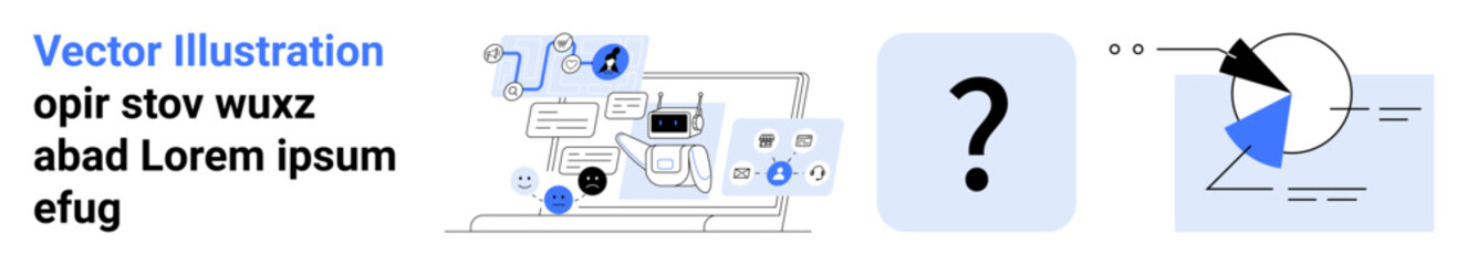 Laptop interfaces with team communication icons, question mark in focus, data analytics graphs. Ideal for teamwork, innovation, problem-solving, uncertainty, data-driven decisions, brainstorming
