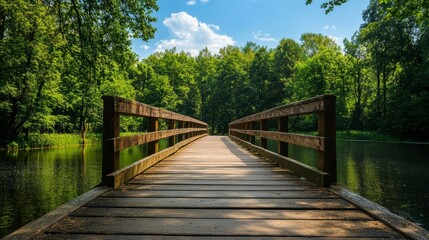 Naklejka premium Wooden bridge over calm water in lush green forest.