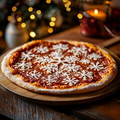 Festive Snowflake Pizza on Wooden Board
