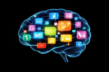 Abstract illustration of a brain filled with colorful digital icons.