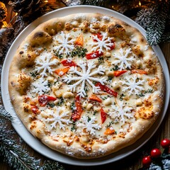 Festive Snowflake Pizza on Wooden Table