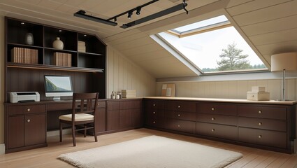 Modern Home Office Setup With Computer and Desk Under Skylight